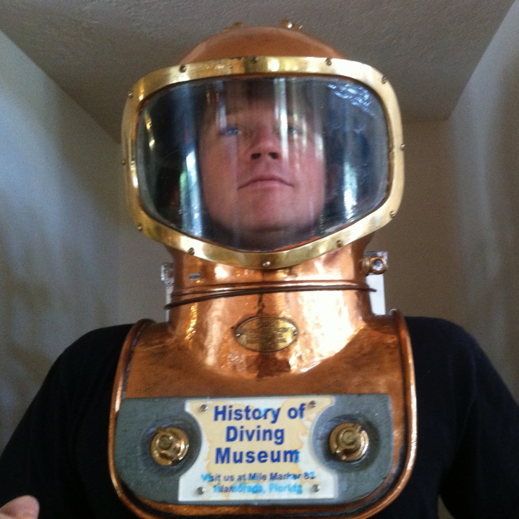 Josh in a diving helmet at the History of Diving Museum (Key Largo, Florida). 2016